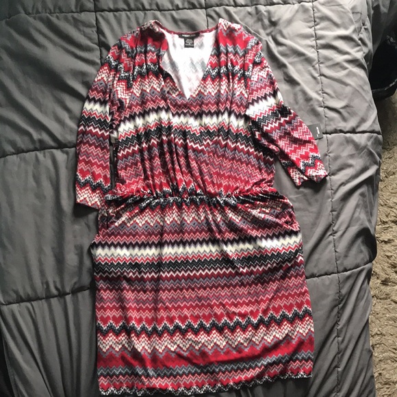 ROBERT LOUIS red/grey 1X mini dress pockets and elastic waist band v-neck NEW - Picture 1 of 8